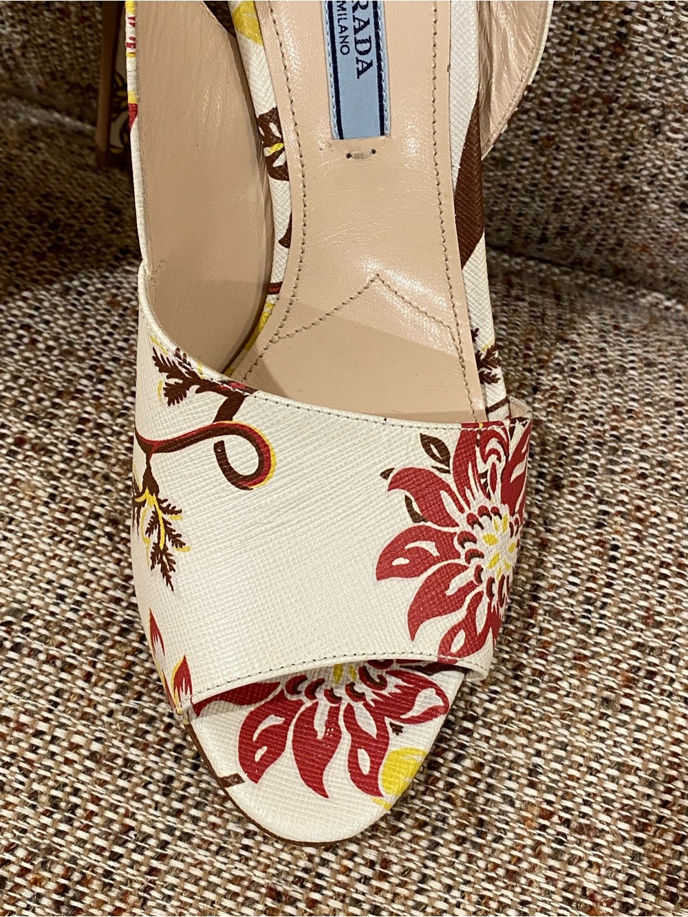 Prada Cream Floral Slingback Heels with Red & Yellow Accents - Picture 4 of 14